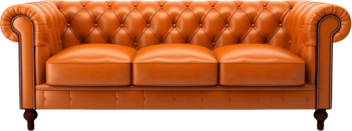 Sofá Chesterfield de couro laranja com design clássico, encosto capitonê e braços arredondados, apoiado por pernas de madeira escuras.