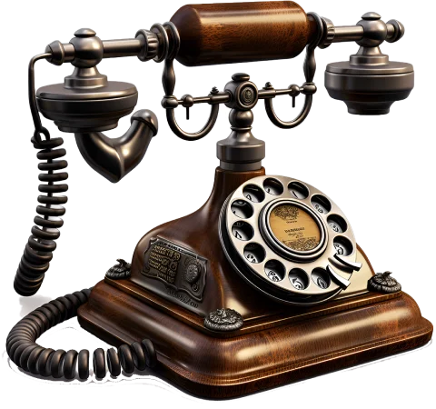 Telefone antigo de madeira com disco rotativo para discagem, receptor no gancho e base ornamentada.